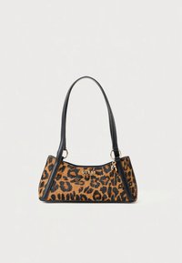 Leopard print handbag with a black leather trim and shoulder strap. Features a gold logo and smooth texture. Compact, curved design.