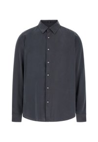 Donkergrijs shirt met lange mouwen, gemaakt van gladde stof, met een klassieke kraag, sluiting aan de voorkant met knopen en een afgeronde zoom.