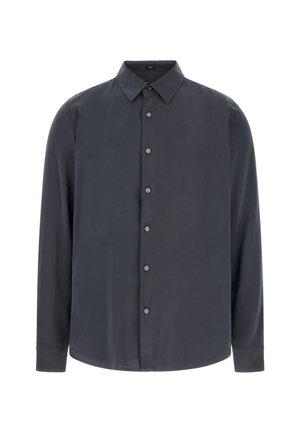 Chemise manches longues gris foncé en tissu lisse, avec col classique, fermeture à boutons sur le devant et ourlet arrondi.