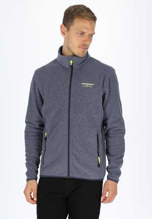 Men's gray fleece jacket with a high collar, black zipper, and yellow zipper pulls. Features a logo on the chest and side pockets.