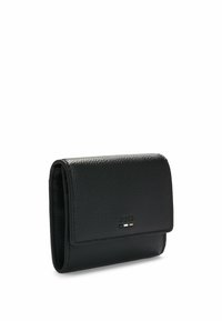 Black leather wallet with textured finish, fold-over flap, embossed logo, and subtle metallic accents. Compact rectangular shape.
