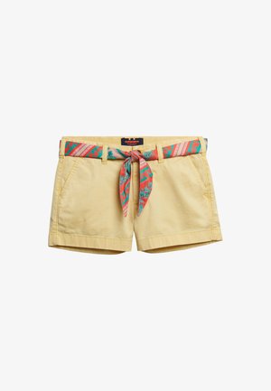 Gele katoenen shorts met een kleurrijke geborduurde riem, voorzien van een geknoopte detail en zijzakken; rechtvallend ontwerp; nette stiksels.