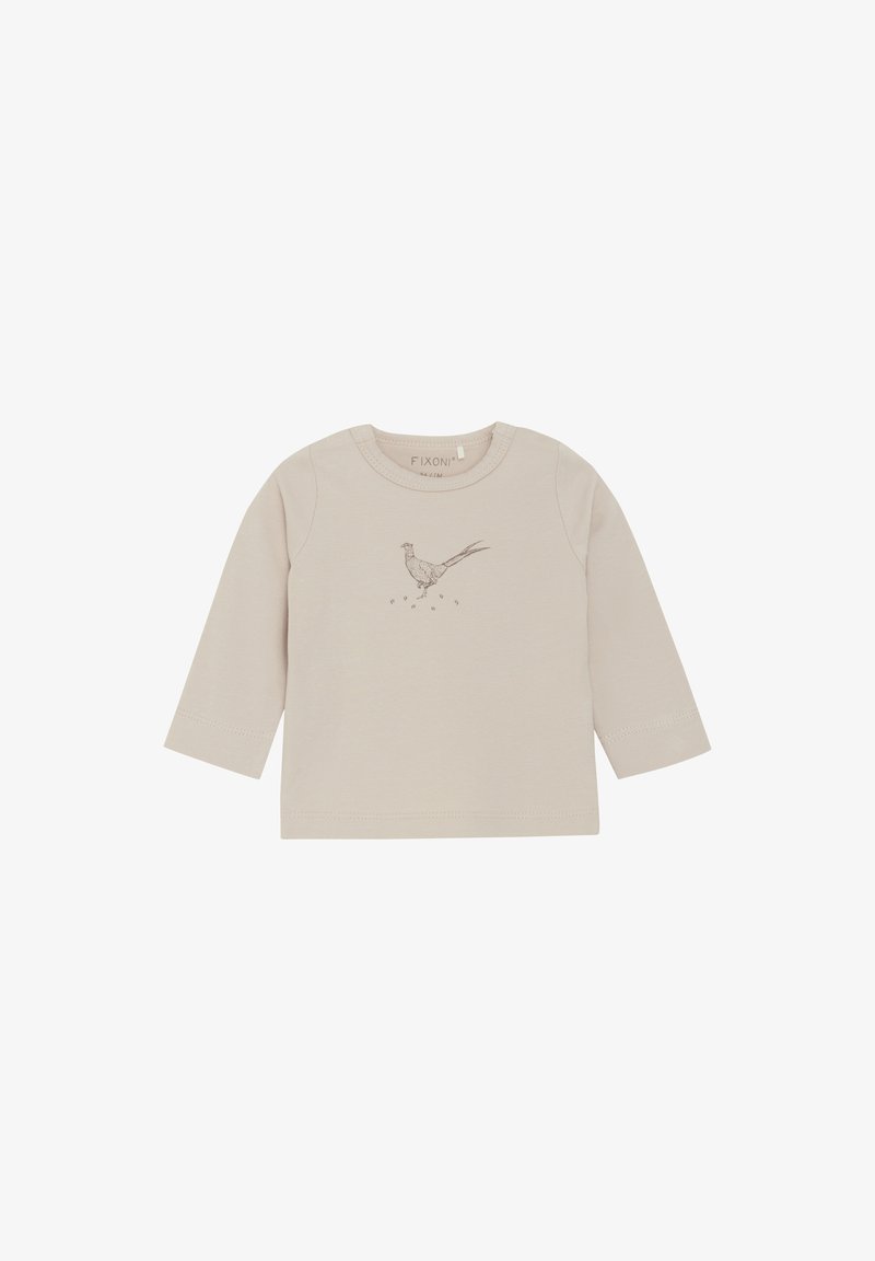 Helles beiges Langarm-T-Shirt aus Baumwolle mit rundem Halsausschnitt. Auf der Vorderseite befindet sich ein bedrucktes Vogeldesign in Braun.