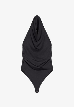 Musta hihaton body, jossa on korkea halterneck-kaulus ja nepparikiinnitys haarassa, esitettynä tasaisena valkoisella taustalla.