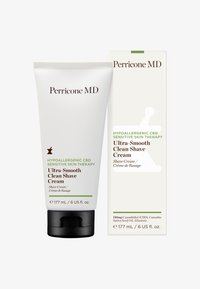Tubo bianco con tappo nero, etichettato "Perricone MD Crema da Rasatura Ultra-Smooth CBD Ipoallergenica." Affiancato da una scatola bianca con accenti verdi.
