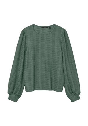 Groene textuurblouse met lange, volumineuze mouwen en een ronde halslijn. De stof heeft een subtiel geweven patroon.