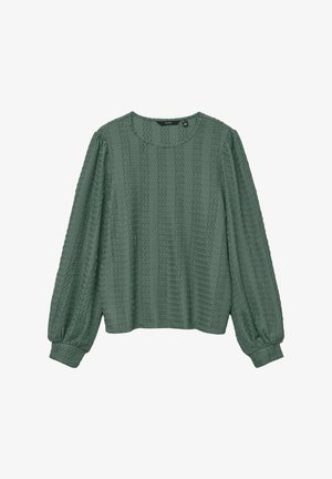 Zielona bluzka o teksturze z długimi, objętościowymi rękawami i okrągłym dekoltem. Tkanina ma subtelny, tkany wzór.