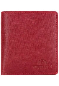 Portafoglio in pelle rossa con superficie texturizzata, design pieghevole a due ante e logo impresso; presenta cuciture ordinate ed estremità pulite.