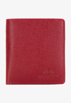 Rode leren portemonnee met een gestructureerd oppervlak, een bi-fold ontwerp en een reliëflogo; heeft nette stiksels en schone randen.