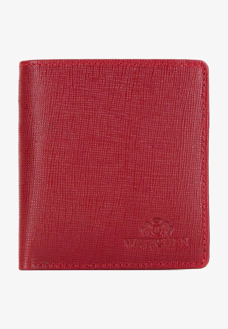 Rote Lederbörse mit strukturierter Oberfläche, Taschenformat-Design und geprägt Logo; verfügt über saubere Nähte und klare Kanten.