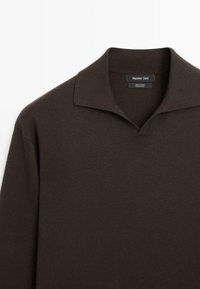 Dark brown long-sleeve cotton polo shirt with a soft collar and a sewn-in Massimo Dutti label inside the neckline.