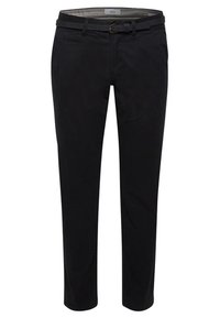 Pantalons noirs avec une coupe droite, fabriqués en coton, dotés d'une ceinture visible et de deux poches avant. Texture lisse et style simple.