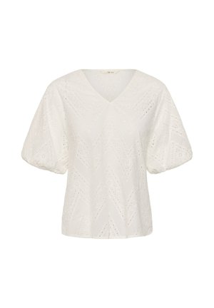 Witte blouse met V-hals, opgeblazen korte mouwen en een ingewikkeld ajour kantpatroon in chevrondesign.