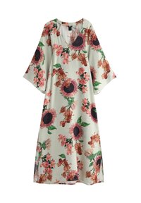 Blomstret kaftan-kjole i lysegrøn stof. Har store solsikker og lyserøde blomster, V-hals og brede ærmer. Blød, let tekstur.