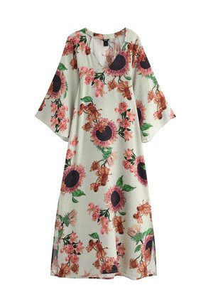 Blomstret kaftan-kjole i lysegrøn stof. Har store solsikker og lyserøde blomster, V-hals og brede ærmer. Blød, let tekstur.