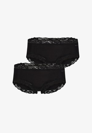 Zwei schwarze Damen-Hipster-Slips mit Spitzenbesatz, gestapelt, mit floralen Spitzen-Details an Taillen- und Beinausschnitten.