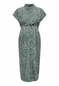 Robe de maternité vert kaki avec un design à boutons, manches courtes et un lien à la taille. Présente un motif léopard sur toute la surface.