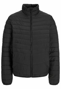 Schwarze gepolsterte Jacke mit hohem Kragen, Frontreißverschluss und horizontalem Rippmuster. Leichtes Material, geeignet für kühlere Wetterbedingungen.