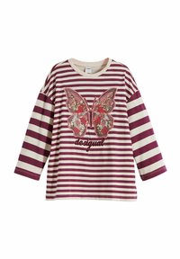Gestreiftes Langarmhemd in Creme und Burgunderrot mit einer Pailletten-Schmetterlingsgrafik und dem Text "desigual" im bestickten Stil.