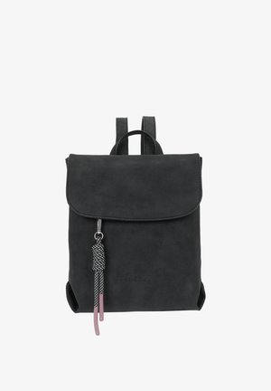 Schwarzer Kunstleder-Rucksack mit Klappenverschluss, ausgestattet mit einem strukturierten Quasten-Detail und verstellbaren Schulterriemen.