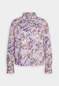 Camicia button-up di un delicato lavanda con un motivo floreale caratterizzato da fiori gialli, arancioni e teal; maniche lunghe e colletto.