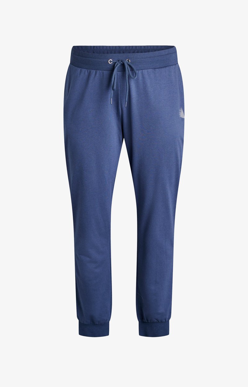 Navy blue jogger pants with elastic waistband, drawstring, cuffed ankles, and subtle logo on right thigh.