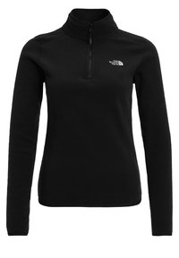 Pullover in pile nero con zip a quarto, maniche lunghe e un piccolo logo bianco sul petto. Tessuto morbido e design aderente.