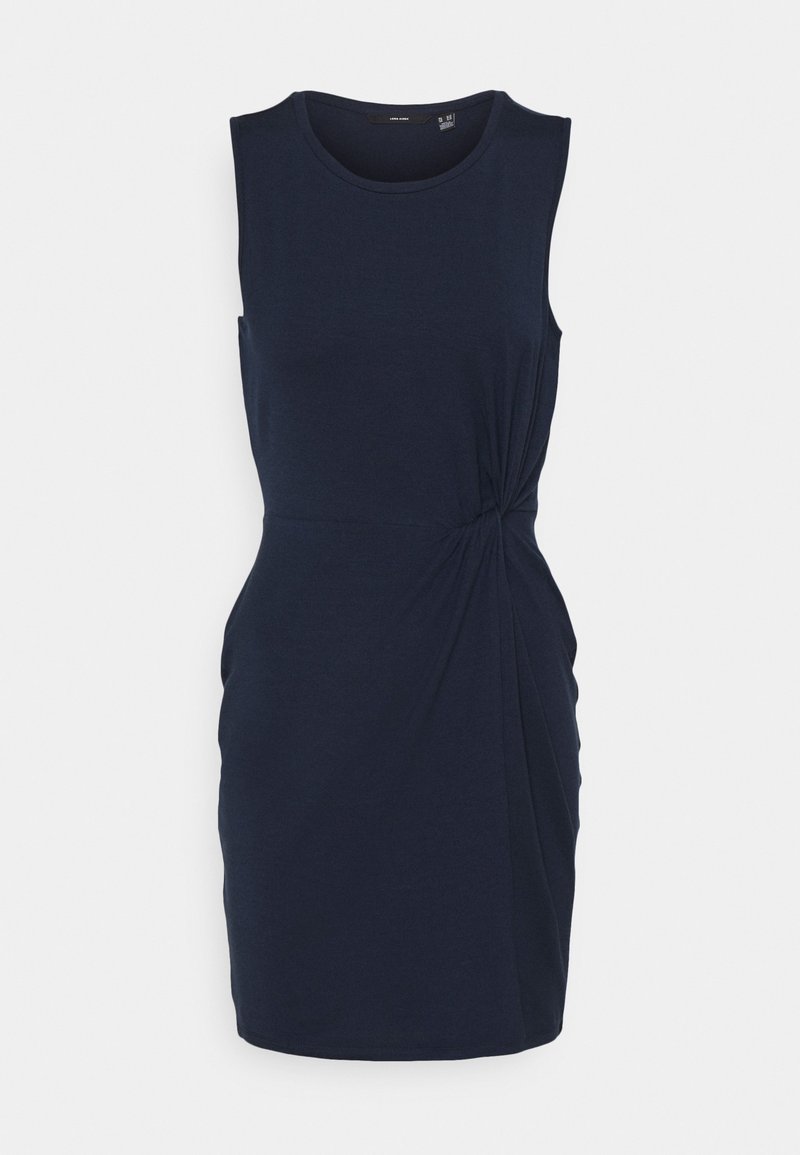 Granatowa sukienka bez rękawów, wykonana z miękkiego materiału, z twistem w talii oraz dopasowanym krojem. Gładka tekstura na całej powierzchni.