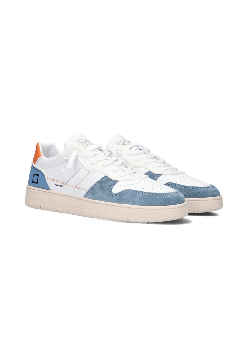 White and blue sneakers made of leather and suede. Features perforated toe box, white laces, and distinct orange and blue accents.