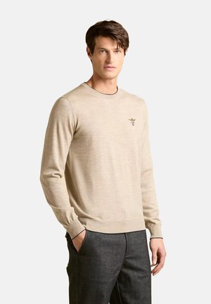 Maglione beige in morbido tessuto a maglia, colletto a giro, polsini e orlo a coste, con un piccolo logo ricamato sul petto.