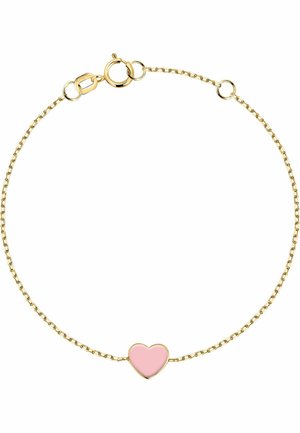 Goldene Kettenarmband mit einem rosa Herzanhänger. Die Kette ist zart, mit ovalen Gliedern und einem sicheren Verschluss.