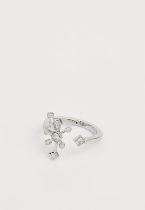 Silver ring featuring a snowflake design, set with various shaped clear gemstones, including round and square accents. Polished finish.
