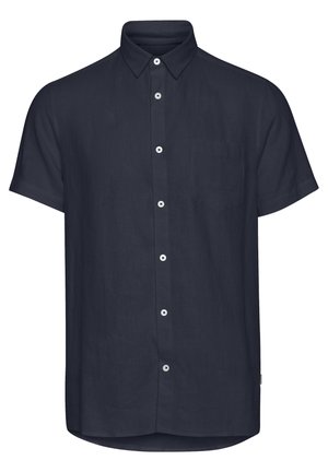 Cămașă cu mânecă scurtă, de culoare bleumarin închis, din in, având guler tip button-down, buzunar frontal și nasturi albi pe plachetă.