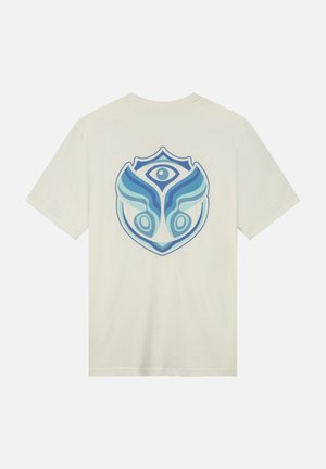 Cotton t-shirt in off-white with a blue graphic design on the back featuring stylized elements resembling a mask or emblem.