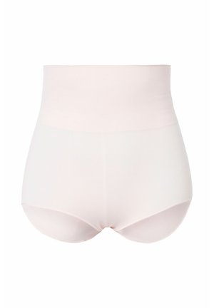 Shorts modellanti a vita alta in rosa chiaro, realizzati in tessuto liscio ed elasticizzato. Presentano un design senza cuciture per una silhouette uniforme.