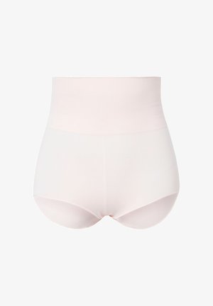 Shorts modellanti a vita alta in rosa chiaro, realizzati in tessuto liscio ed elasticizzato. Presentano un design senza cuciture per una silhouette uniforme.