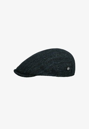 Dunkelgraue Schiebermütze mit Fischgrätmuster, kurzem Schirm und kleinem, rundem Metalllogo an der Seite.