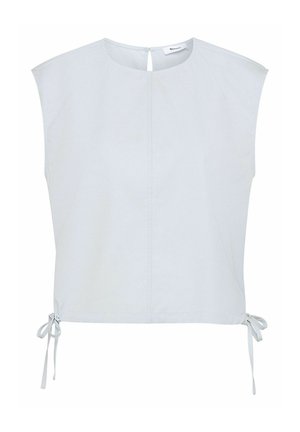 Jasnoniebieski top bez rękawów z okrągłym dekoltem, centralnym szwem, zapięciem na guziki z tyłu oraz regulowanymi troczkami po bokach u dołu.