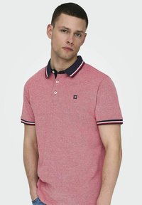 Rode polo-shirt met een marineblauwe kraag en gestreepte accenten. Korte mouwen, verbinding met twee knopen en een klein logo op de borst. Katoenmix stof.
