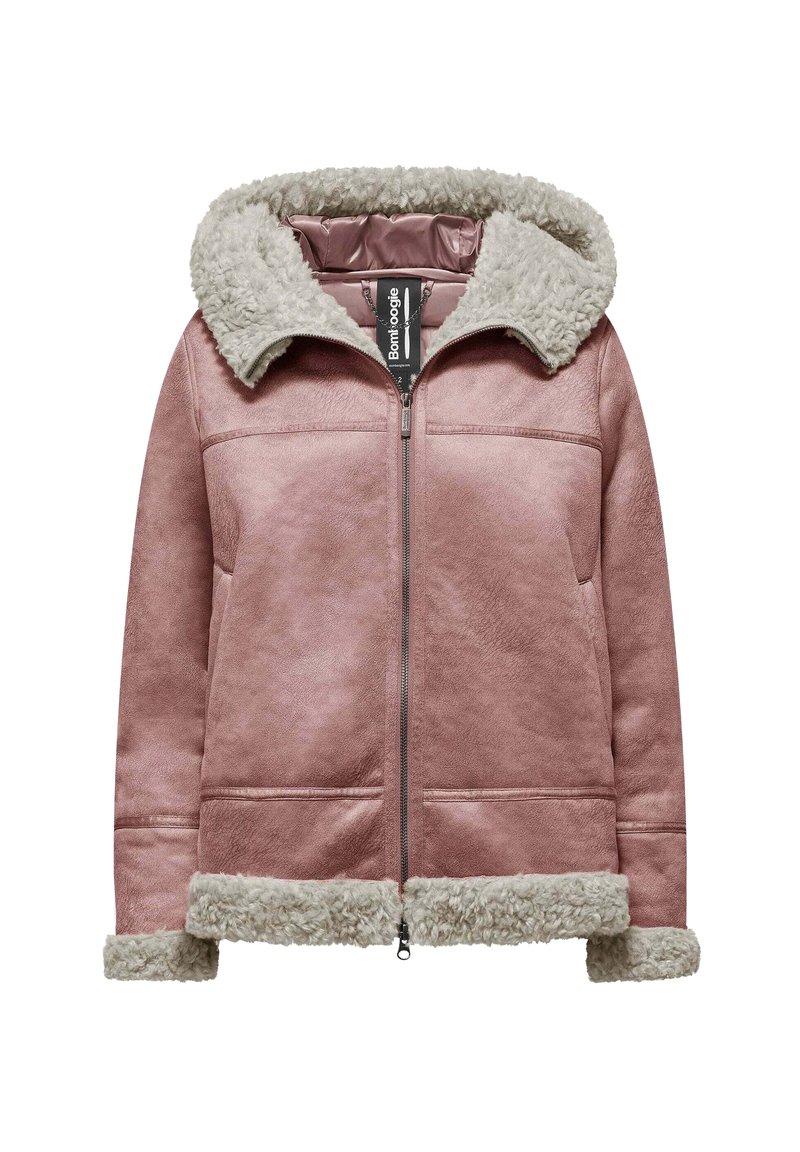 Różowa zamszowa kurtka z białym sztucznym futerkiem w wykończeniach kaptura, mankietów i dolnej części, z zapięciem na zamek błyskawiczny z przodu oraz bocznymi kieszeniami.