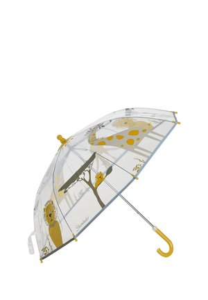 Transparent umbrella with yellow accents, featuring animal illustrations of a giraffe and lion, supported by a metallic frame and curved handle.