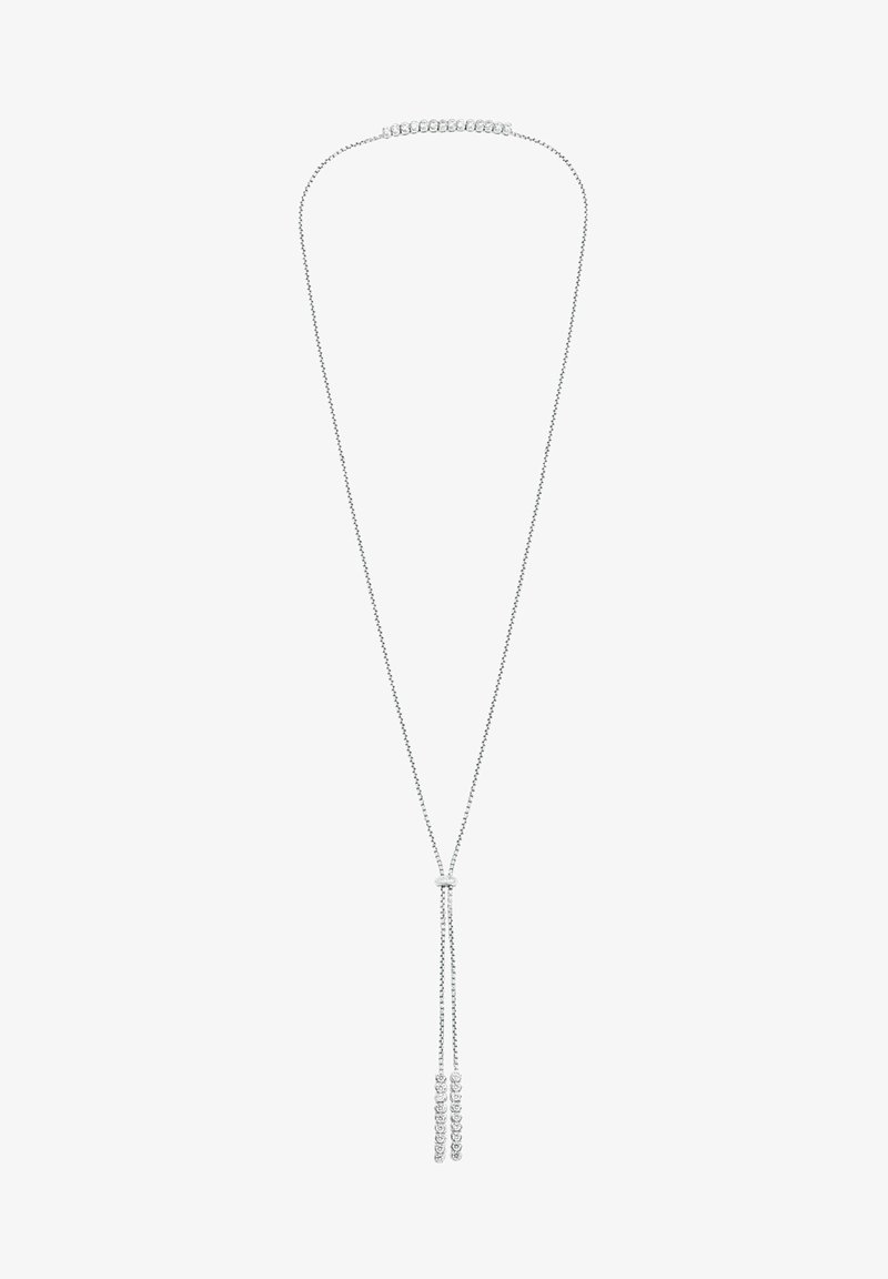 Collier lasso en argent avec un fermoir à perle coulissante et deux extrémités pendantes, chacune ornée de cinq grappes de diamants ronds.