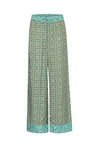 Pantaloni a gamba larga in verde con un complesso motivo bianco e turchese, dotati di un elastico in vita e cordino.