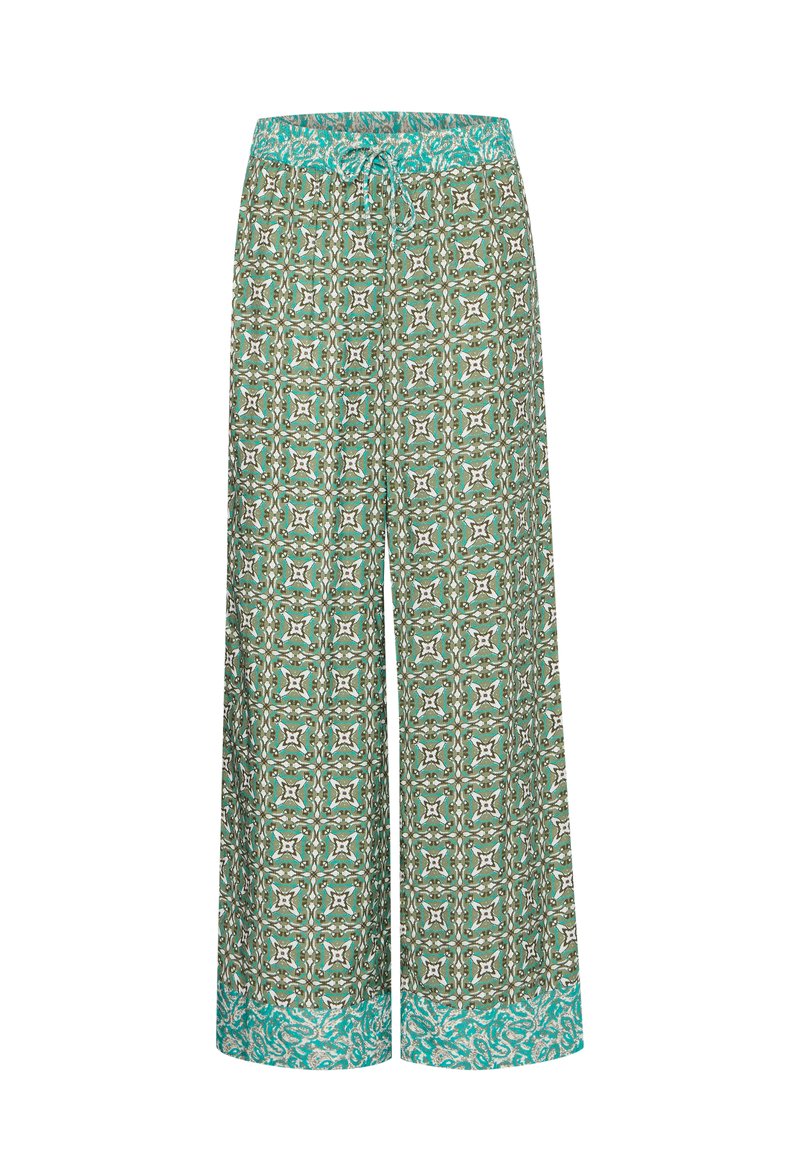 Pantaloni a gamba larga in verde con un complesso motivo bianco e turchese, dotati di un elastico in vita e cordino.