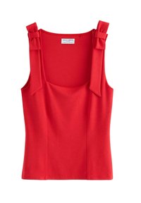 Červený bezramínkový top se čtvercovým výstřihem, texturovanou látkou a dvěma mašličkami na ramenou. Štítek značí "Holly & Whyte."