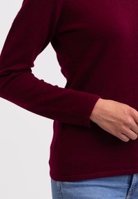 Burgundowa sweter z długim rękawem o miękkiej fakturze, okrągłym dekolcie i dopasowanym kroju. Widoczna dłoń spoczywająca w pobliżu bocznego szwu.