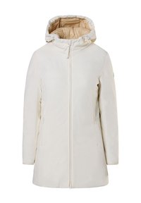 Giacca a vento leggera beige chiaro con zip frontale completa, due tasche laterali e interno trapuntato. Texture liscia con dettagli hardware minimi.