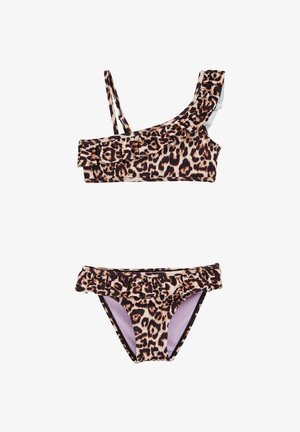 Bikini-Set mit Leopardenmuster, das Rüschendetails an Oberteil und Unterteil aufweist, verstellbare Träger hat und eine kontrastierende lilafarbene Fütterung besitzt.