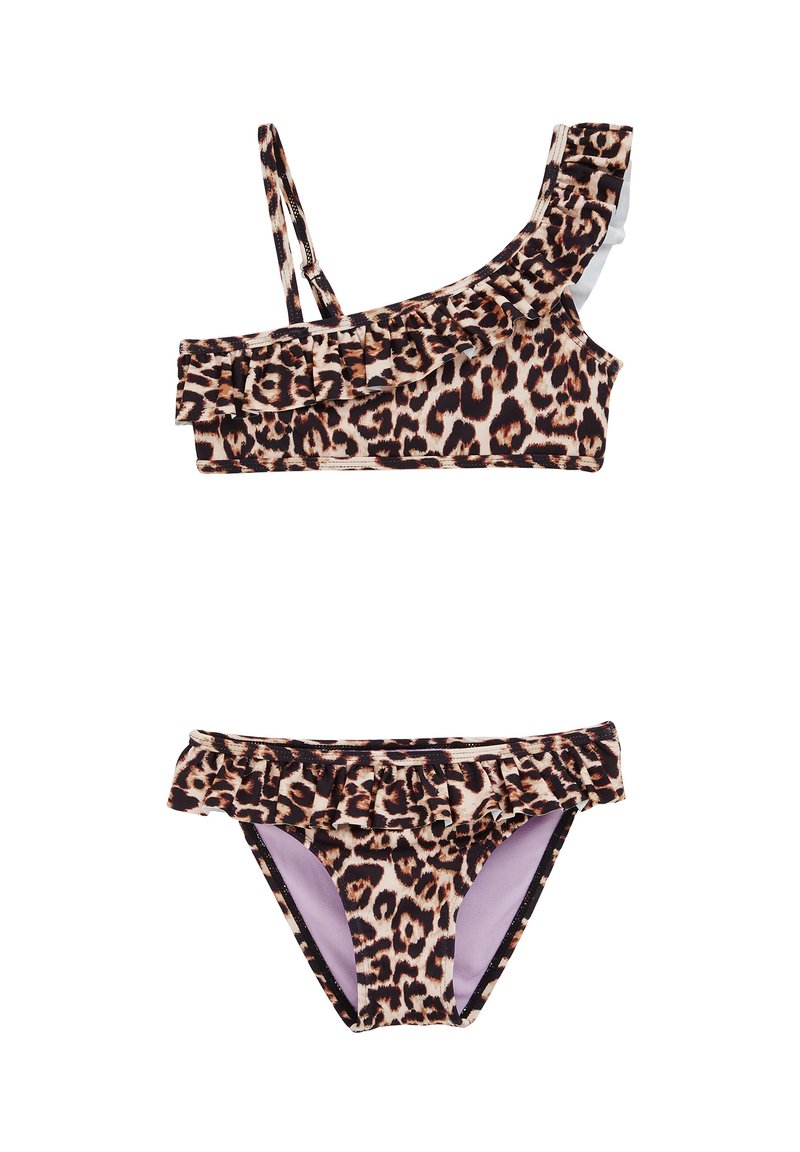 Bikini set so vzorom leopard, s volánkovými detailami na vrchu a spodku, s nastaviteľnými ramienkami a kontrastnou levanduľovou podšívkou.