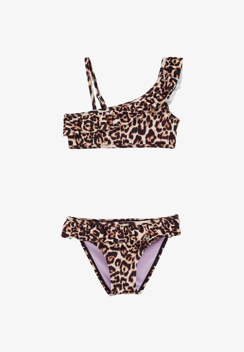 Bikini-set med leopardtryck som har volangdetaljer på toppen och botten, justerbara axelremmar och en kontrasterande lila foder.